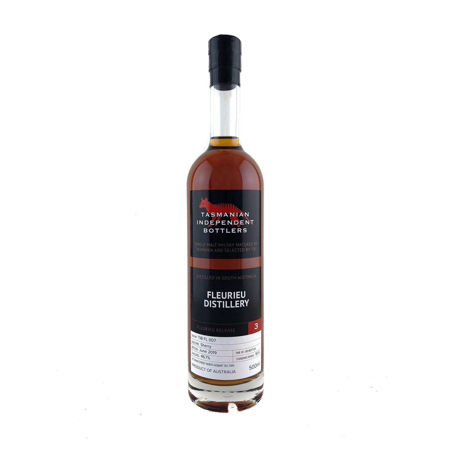 Tasmanian Independent Bottlers. TIB Cask FL007 Sherry Cask Single Malt Whisky 500ml 46.7%